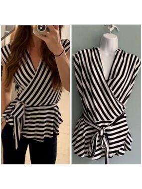 LOFT Black and White Stripe Wrap Peplum Blouse XS